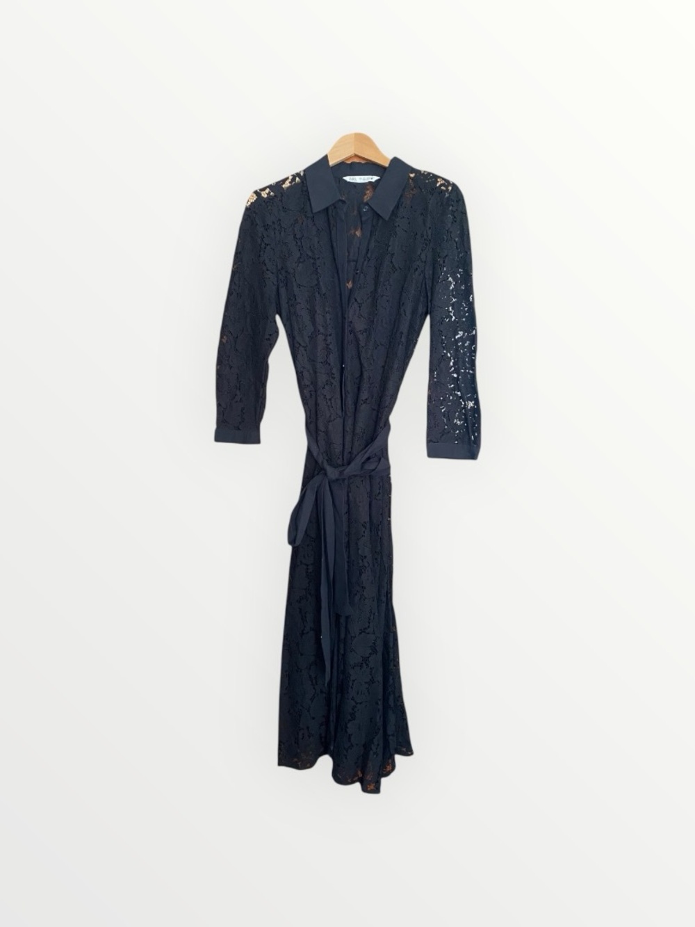 Zara Black Lace Collared Waist Tie Long Dress Size L - Picture 7 of 13